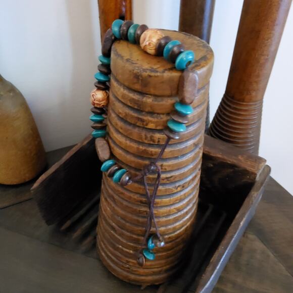Wooden Bead Stacked Slide Bracelet Brown Turquoise - Picture 4 of 7